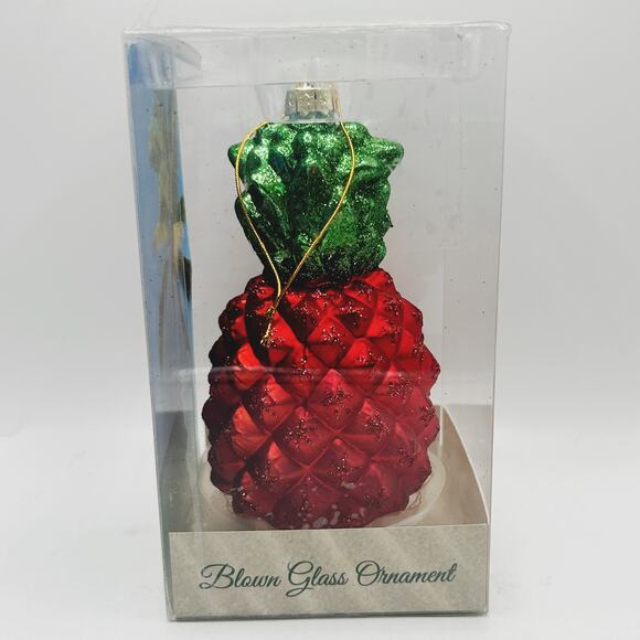 Hand Crafted Blown Glass Red Hawaiian Pineapple Christmas Ornament NIB - Picture 2 of 4